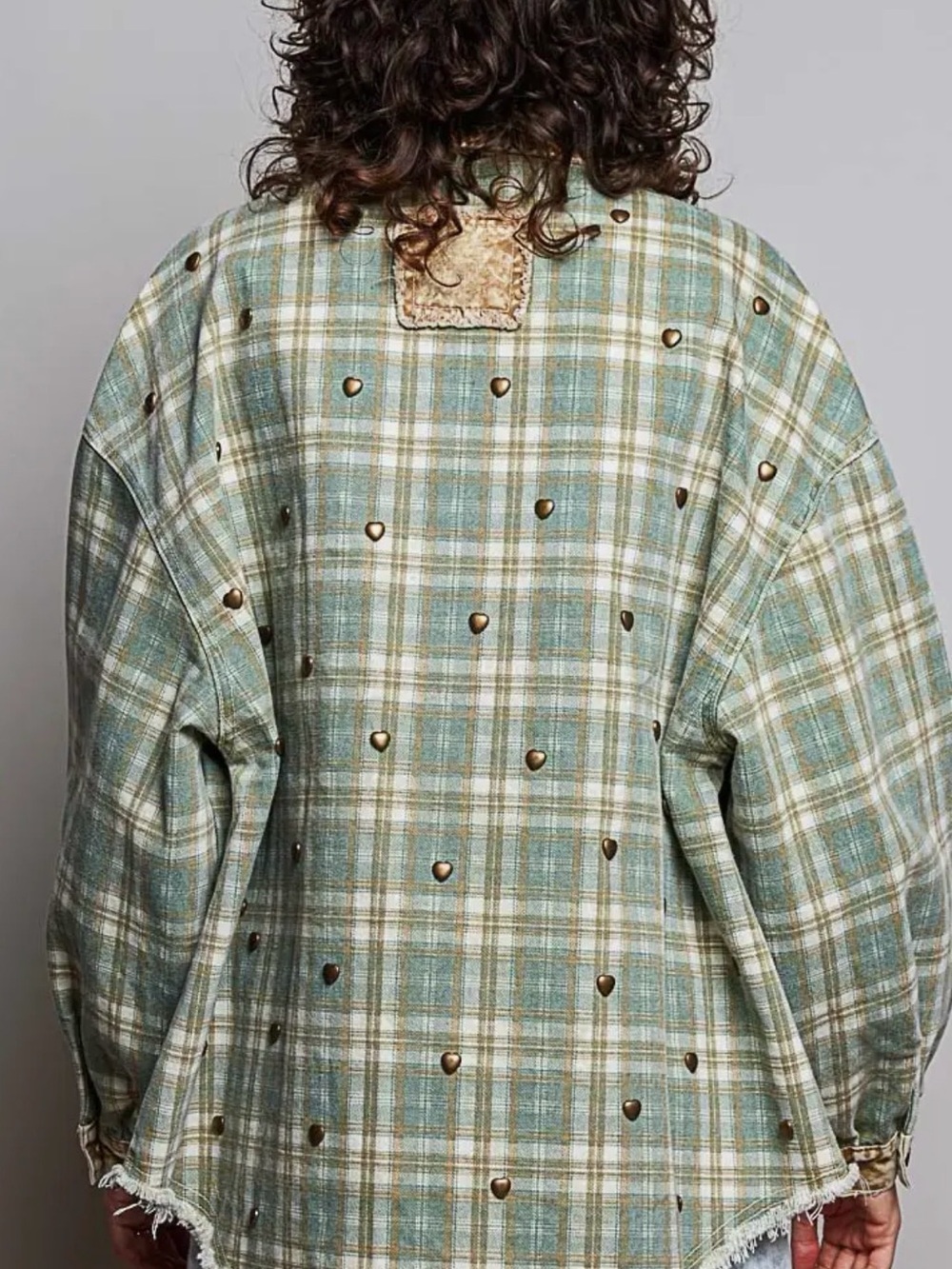 POL Heart Stud Vintage Wash Olive Green & Tan Plaid SHACKET NEW FALL WINTER - Picture 4 of 11